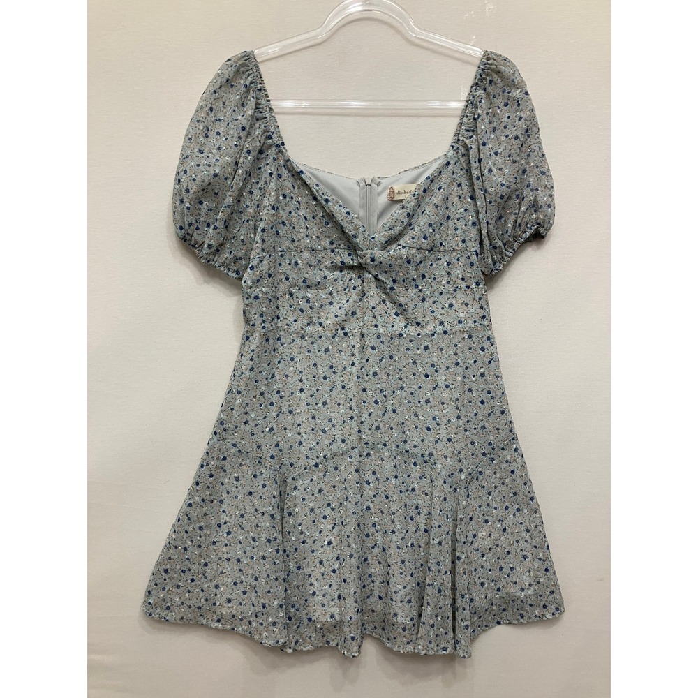 Altar'd State Jayleen Mini Dress Large Blue Floral Puff Sleeve Sweetheart Boho